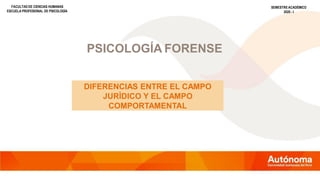 PSICOLOGÍA FORENSE
DIFERENCIAS ENTRE EL CAMPO
JURÌDICO Y EL CAMPO
COMPORTAMENTAL
FACULTAD DE CIENCIAS HUMANAS
ESCUELA PROFESIONAL DE PSICOLOGÍA
SEMESTREACADÉMICO
2020 - I
 