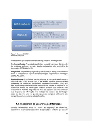 Figura 1: Esquema_ISO27001
Fonte: APCER (2009)


Consideramos que os principais itens de Segurança da Informação são:

Confidencialidade: Propriedade que limita o acesso à informação tão somente
às entidades legítimas, ou seja, àquelas autorizadas pelo proprietário da
informação (ESTEVÃO, 2010).

Integridade: Propriedade que garante que a informação manipulada mantenha
todas as características originais estabelecidas pelo proprietário da informação
(ESTEVÃO, 2010).

Disponibilidade: Propriedade que garante que a informação esteja sempre
disponível para o uso legítimo, isto é, por aqueles usuários autorizados pelo
proprietário da informação, no momento necessário (ESTEVÃO, 2010). Por
este motivo não podemos deixar de mencionar que o crime de Pedofilia só se
materializa através de informações contendo material cujo conteúdo está
relacionado à Pedofilia. Seguindo esta linha de raciocínio devemos entender
que Segurança da Informação deve participar do processo de identificação
deste tipo de crime uma vez que os arquivos de crianças e adolescente são
compartilhados livremente na rede de Pedofilia.




      1.1. Importância da Segurança da Informação
Quando identificamos todos os pilares da segurança da informação,
descobrimos a verdadeira necessidade da aplicação de controles que possam

                                                                             14
 