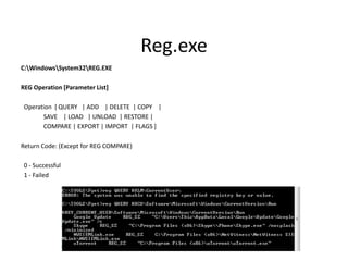 Reg.exe
C:WindowsSystem32REG.EXE

REG Operation [Parameter List]

 Operation [ QUERY | ADD | DELETE | COPY |
       SAVE | LOAD | UNLOAD | RESTORE |
       COMPARE | EXPORT | IMPORT | FLAGS ]

Return Code: (Except for REG COMPARE)

 0 - Successful
 1 - Failed
 