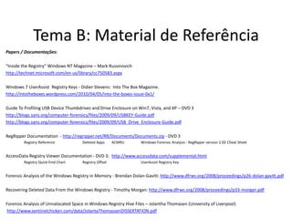 Tema B: Material de Referência
Papers / Documentações:

“Inside the Registry” Windows NT Magazine – Mark Russinovich
http://technet.microsoft.com/en-us/library/cc750583.aspx

Windows 7 UserAssist Registry Keys - Didier Stevens: Into The Box Magazine.
http://intotheboxes.wordpress.com/2010/04/05/into-the-boxes-issue-0x1/

Guide To Profiling USB Device Thumbdrives and Drive Enclosure on Win7, Vista, and XP – DVD 3
http://blogs.sans.org/computer-forensics/files/2009/09/USBKEY-Guide.pdf
http://blogs.sans.org/computer-forensics/files/2009/09/USB_Drive_Enclosure-Guide.pdf

RegRipper Documentation - http://regripper.net/RR/Documents/Documents.zip - DVD 3
         Registry Reference           Deleted Apps      ACMRU      Windows Forensic Analysis - RegRipper version 2.02 Cheat Sheet


AccessData Registry Viewer Documentation - DVD 3: http://www.accessdata.com/supplemental.html
         Registry Quick Find Chart    Registry Offset              UserAssist Registry Key


Forensic Analysis of the Windows Registry in Memory - Brendan Dolan-Gavitt: http://www.dfrws.org/2008/proceedings/p26-dolan-gavitt.pdf

Recovering Deleted Data From the Windows Registry - Timothy Morgan: http://www.dfrws.org/2008/proceedings/p33-morgan.pdf

Forensic Analysis of Unnalocated Space in Windows Registry Hive Files – Jolantha Thomasen (University of Liverpool)
 http://www.sentinelchicken.com/data/JolantaThomassenDISSERTATION.pdf
 