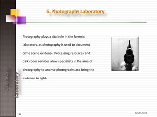 20
ForensicLaboratory
• Identify potential suspects whose DNA may match evidence left at crime
scenes.
• Exonerate persons wrongly accused of crimes.
• Identify crime and catastrophe victims.
• Establish paternity and other family relationships.
• Identify endangered and protected species as an aid to wildlife officials
(could be used for prosecuting poachers).
• Detect bacteria and other organisms that may pollute air, water, soil, and
food.
• Match organ donors with recipients in transplant programs.
• Determine pedigree for seed or livestock breeds.
• Authenticate consumables such as caviar and wine.
 