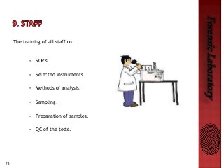 74
ForensicLaboratory
The training of all staff on:
• SOP’s
• Selected instruments.
• Methods of analysis.
• Sampling.
• Preparation of samples.
• QC of the tests.
 