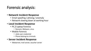 Forensic analysis:
? Network Incident Response
? Email spoofing / phising / anomaly
? Network slowing down at working hour
? Local Incident Response
? PC / Laptop Forensic
? Ransom, Malware, virus
? Mobile Forensic
? stole user credential
? Phone belong to criminals
? Server Incident Response
? Webserver, mail server, voucher server
 