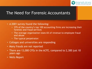 The Need for Forensic Accountants
• A 2001 survey found the following:
• 37% of the country’s top 100 accounting firms are increasing their
forensic and fraud services
• The average organization loses 6% of revenue to employee fraud
and abuse
• The typical perpetrator:
• Colleges and universities are responding
• Many frauds are not reported
• There are 13,000 CFEs in the ACFE, compared to 2,300 just 10
years ago
• Wells Report