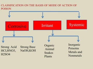 CLASSIFICATION ON THE BASIS OF MODE OF ACTION OF
POISON
Corrosive SystemicIrritant
Strong Acid
HCl,HNO3,
H2SO4
Strong Base
NaOH,KOH
Organic
Animal
Snakes
Plants
Inorganic
Poisoins
Metals and
Nonmetals
 