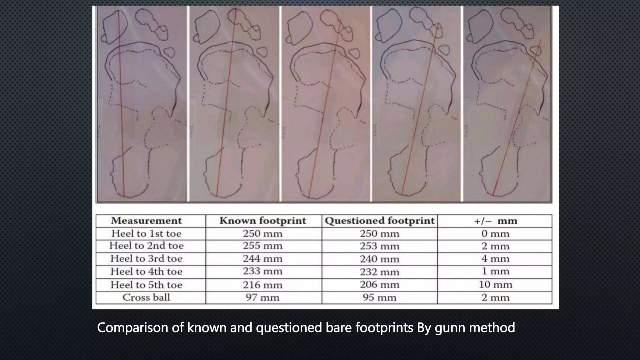 Comparison of known and questioned bare footprints By gunn method