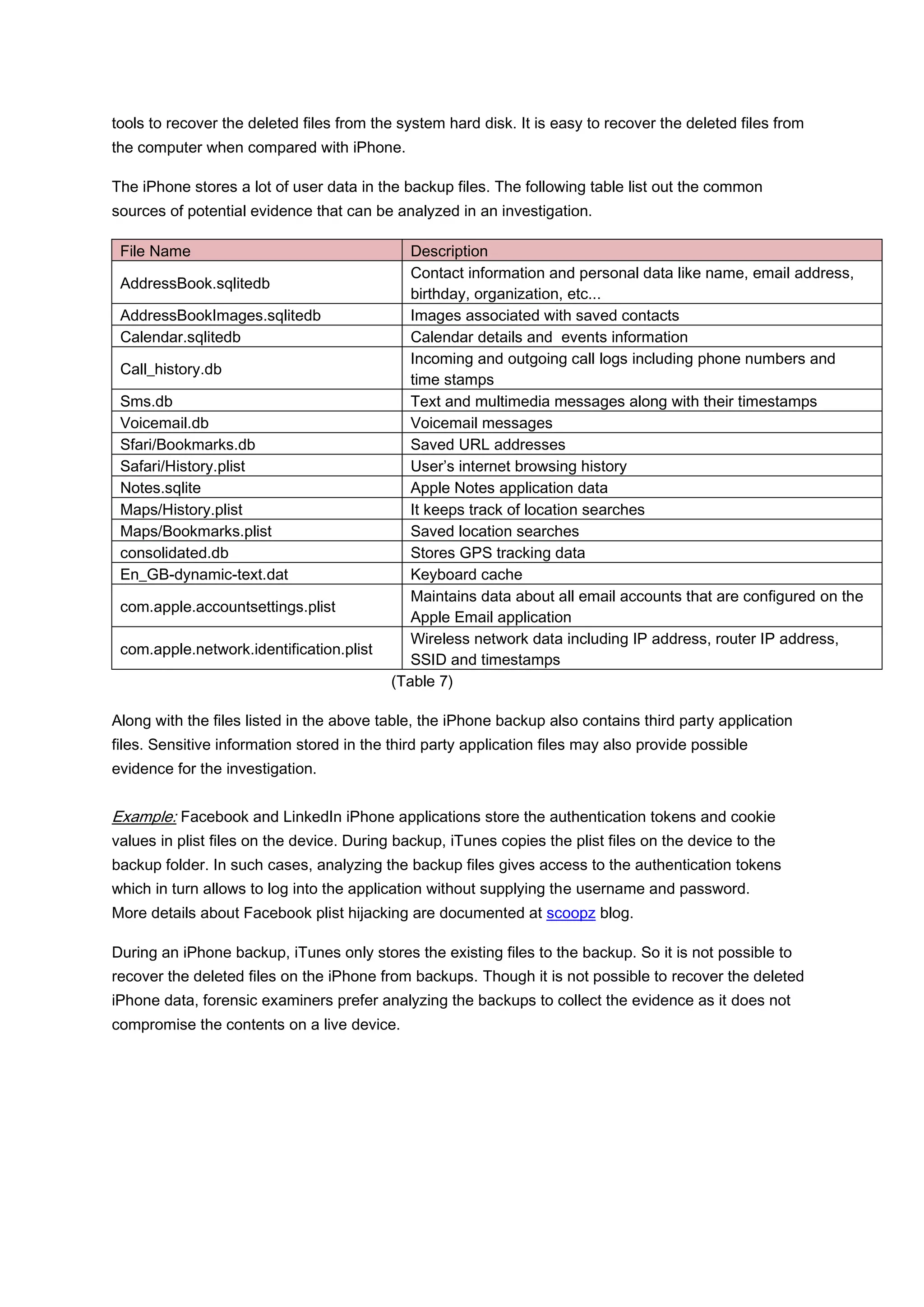 tools to recover the deleted files from the system hard disk. It is easy to recover the deleted files from
the computer when compared with iPhone.

The iPhone stores a lot of user data in the backup files. The following table list out the common
sources of potential evidence that can be analyzed in an investigation.

 File Name                                    Description
                                              Contact information and personal data like name, email address,
 AddressBook.sqlitedb
                                              birthday, organization, etc...
 AddressBookImages.sqlitedb                   Images associated with saved contacts
 Calendar.sqlitedb                            Calendar details and events information
                                              Incoming and outgoing call logs including phone numbers and
 Call_history.db
                                              time stamps
 Sms.db                                       Text and multimedia messages along with their timestamps
 Voicemail.db                                 Voicemail messages
 Sfari/Bookmarks.db                           Saved URL addresses
 Safari/History.plist                         User’s internet browsing history
 Notes.sqlite                                 Apple Notes application data
 Maps/History.plist                           It keeps track of location searches
 Maps/Bookmarks.plist                         Saved location searches
 consolidated.db                              Stores GPS tracking data
 En_GB-dynamic-text.dat                       Keyboard cache
                                              Maintains data about all email accounts that are configured on the
 com.apple.accountsettings.plist
                                              Apple Email application
                                              Wireless network data including IP address, router IP address,
 com.apple.network.identification.plist
                                              SSID and timestamps
                                           (Table 7)

Along with the files listed in the above table, the iPhone backup also contains third party application
files. Sensitive information stored in the third party application files may also provide possible
evidence for the investigation.


Example: Facebook and LinkedIn iPhone applications store the authentication tokens and cookie
values in plist files on the device. During backup, iTunes copies the plist files on the device to the
backup folder. In such cases, analyzing the backup files gives access to the authentication tokens
which in turn allows to log into the application without supplying the username and password.
More details about Facebook plist hijacking are documented at scoopz blog.

During an iPhone backup, iTunes only stores the existing files to the backup. So it is not possible to
recover the deleted files on the iPhone from backups. Though it is not possible to recover the deleted
iPhone data, forensic examiners prefer analyzing the backups to collect the evidence as it does not
compromise the contents on a live device.
 