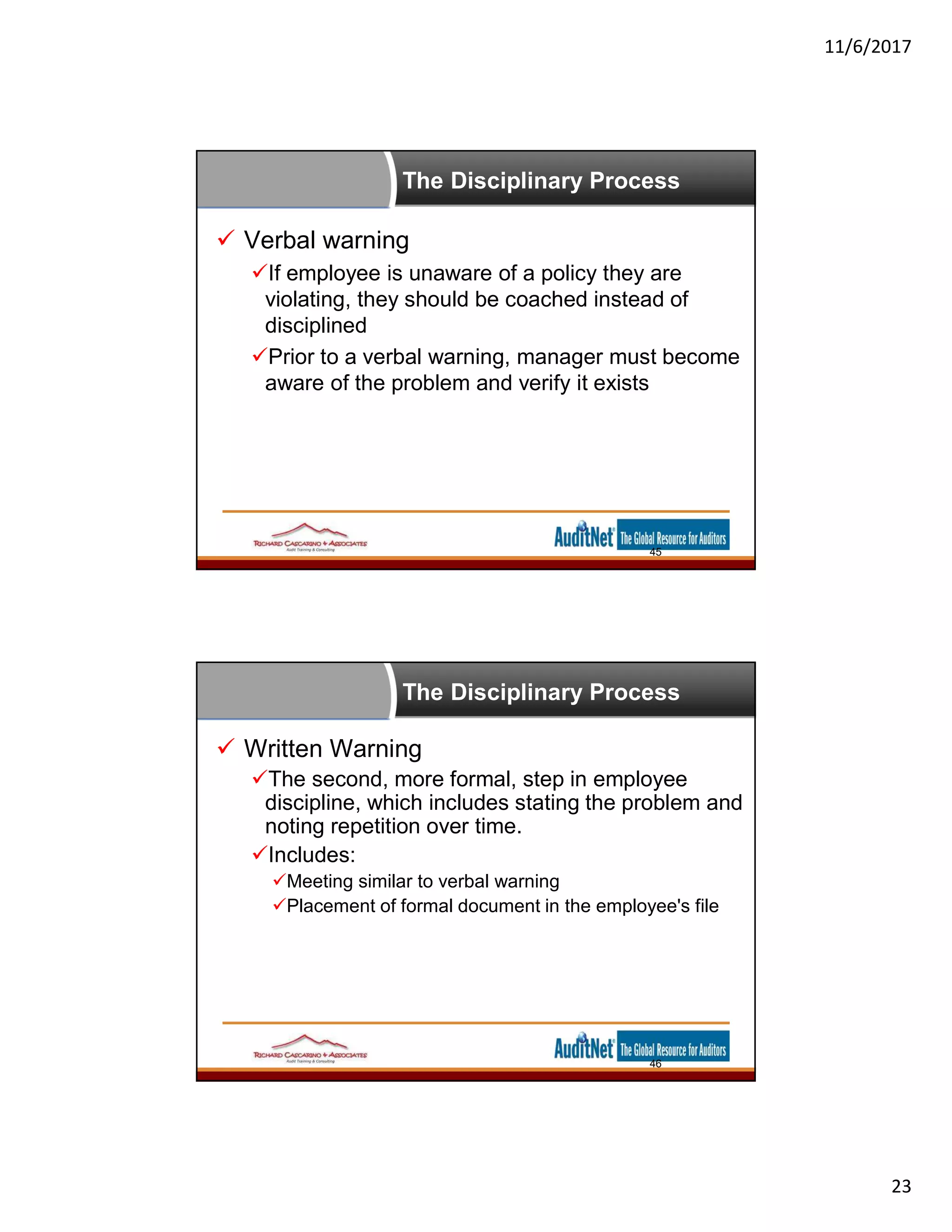11/6/2017
23
The Disciplinary Process
 Verbal warning
If employee is unaware of a policy they are
violating, they should be coached instead of
disciplined
Prior to a verbal warning, manager must become
aware of the problem and verify it exists
45
The Disciplinary Process
 Written Warning
The second, more formal, step in employee
discipline, which includes stating the problem and
noting repetition over time.
Includes:
Meeting similar to verbal warning
Placement of formal document in the employee's file
46
 