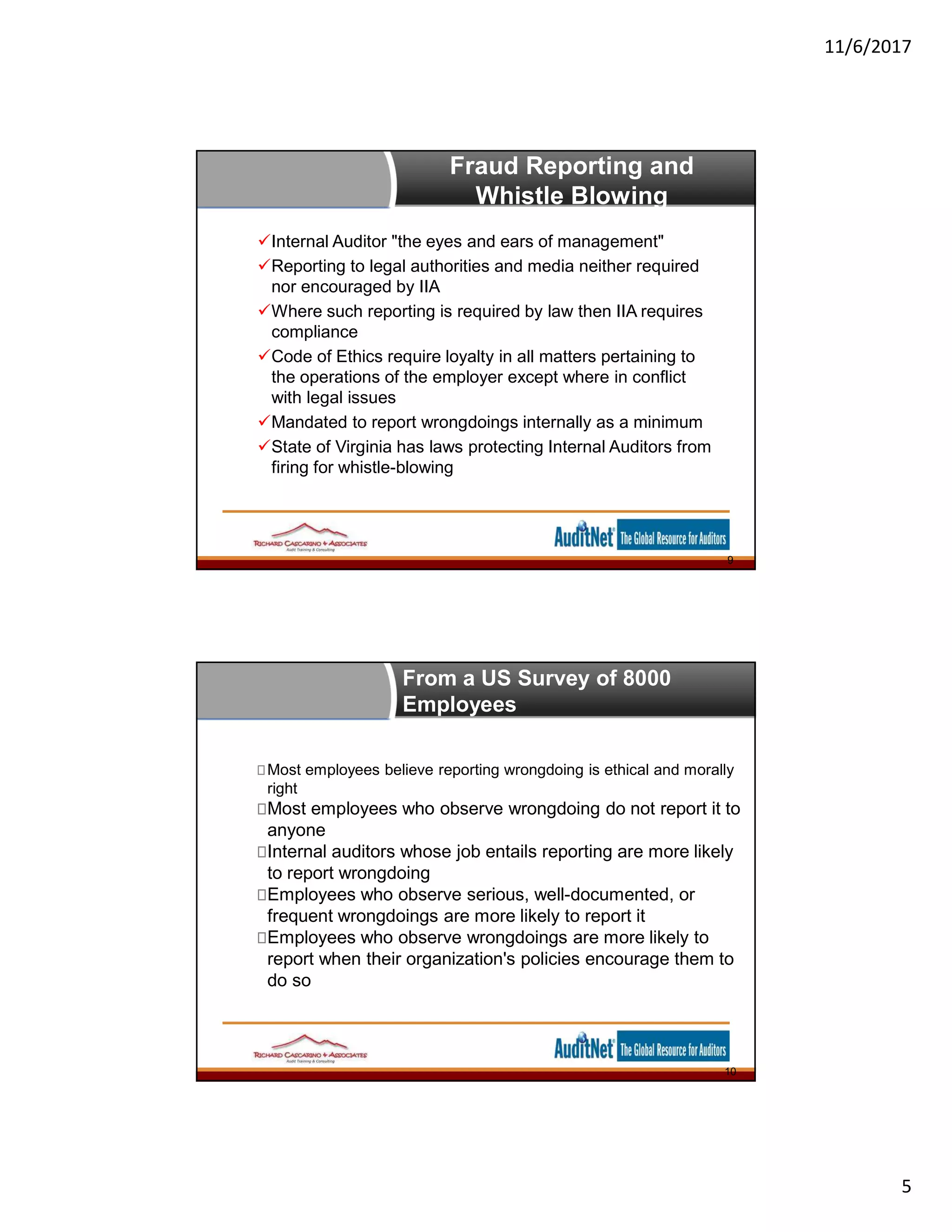 11/6/2017
5
Fraud Reporting and
Whistle Blowing
Internal Auditor "the eyes and ears of management"
Reporting to legal authorities and media neither required
nor encouraged by IIA
Where such reporting is required by law then IIA requires
compliance
Code of Ethics require loyalty in all matters pertaining to
the operations of the employer except where in conflict
with legal issues
Mandated to report wrongdoings internally as a minimum
State of Virginia has laws protecting Internal Auditors from
firing for whistle-blowing
9
From a US Survey of 8000
Employees
Most employees believe reporting wrongdoing is ethical and morally
right
Most employees who observe wrongdoing do not report it to
anyone
Internal auditors whose job entails reporting are more likely
to report wrongdoing
Employees who observe serious, well-documented, or
frequent wrongdoings are more likely to report it
Employees who observe wrongdoings are more likely to
report when their organization's policies encourage them to
do so
10
 