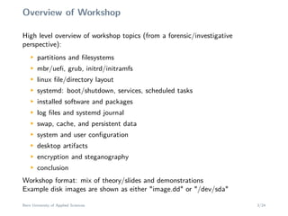Overview of Workshop
High level overview of workshop topics (from a forensic/investigative
perspective):
M
partitions and ﬁlesystems
M
mbr/ueﬁ, grub, initrd/initramfs
M
linux ﬁle/directory layout
M
systemd: boot/shutdown, services, scheduled tasks
M
installed software and packages
M
log ﬁles and systemd journal
M
swap, cache, and persistent data
M
system and user conﬁguration
M
desktop artifacts
M
encryption and steganography
M
conclusion
Workshop format: mix of theory/slides and demonstrations
Example disk images are shown as either "image.dd" or "/dev/sda"
Bern University of Applied Sciences 3/24
 