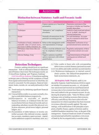 AUDITING 
Distinction between Statutory Audit and Forensic Audit 
S.No. Particulars Statutory Audit Forensic Audit 
1. Objective Express opinion as to ‘true & fair’ 
presentation. 
2. Techniques ‘Substantive’ and ‘compliance’ 
procedures. 
3. Period Normally all transactions for the 
particular accounting period. 
4. Verification of stock, estimation of 
realizable value of current assets, 
provisions/ Liability estimation, etc. 
Relies on the management certifi-cate/ 
representation of manage-ment. 
5. Off balance-sheet items (like con-tracts 
etc.) 
Used to vouch the arithmetic accu-racy 
& compliance with proce-dures. 
6. Adverse findings, if any Negative opinion or qualified 
opinion expressed, with/without 
quantification. 
Detection Techniques 
Forensic auditing should focus on significant 
transactions – both as reflected in financial statements 
and off balance sheet items The techniques mainly are 
‘Critical Point Auditing’ and ‘Propriety Auditing’. 
(A) Critical Point Auditing: Critical point auditing 
technique aims at filtering out the symptoms of fraud 
from regular and normal transactions in which they are 
mixed or concealed. For this purpose, financial state-ments, 
books, records, etc. are analyzed mainly to find 
out: 
(i) Trend-analysis by tabulating significant financial 
transactions 
(ii) Unusual debits/credits in accounts normally clos-ing 
to credit/debit balances respectively 
(iii) Discrepancies in receivable or payable 
balances/inventory as evidenced from the non-reconciliation 
between financial records and cor-responding 
subsidiary records (like physical veri-fication 
statement, priced stores ledgers, personal 
ledgers, etc.) 
(iv) Accumulation of debit balances in loosely con-trolled 
accounts (like deferred revenue expendi-ture 
accounts, mandatory spares account – capital-ized 
as addition to respective machinery item, etc.) 
Determine correctness of the 
accounts or whether any fraud has 
actually taken place. 
Analysis of past trend and substan-tive 
or ‘in depth’ checking of 
selected transactions. 
No such limitations. Accounts 
may be examined in detail from 
the beginning. 
Independent verification of sus-pected/ 
selected items carried out. 
Regularity and propriety of these 
transactions/contracts are exam-ined. 
Legal determination of fraud and 
naming persons behind such 
frauds. 
(v) False credits to boost sales with corresponding 
debits to non-existent (dummy) personal accounts 
(vi) Cross debits and credits and inter-account transfers 
(vii) Weaknesses/inadequacies in internal control/ 
check systems, like delayed/non-preparation of 
bank reconciliation statements, etc. 
(B) Propriety Audit: Propriety audit is con-ducted 
by Supreme Audit Institutions (SAI) to report 
on whether Government accounts, i.e., all expendi-ture 
sanctioned and incurred are need-based and all 
revenues due to Government have been realized in 
time and credited to the government account. In con-ducting 
the propriety audit, “Value for Money audit” 
technique aims at lending assurance that economy, 
efficiency and efficacy have been achieved in the 
transactions for which expenditure has been incurred 
or revenue collected is usually applied. The same 
analogy, with modifications to the principles of pro-priety 
of public finance, applies in forensic audit to 
establish fraudulent intentions if any, on the part of the 
management. Financial frauds are results of wasteful, 
unwarranted and unfruitful expenditure or diversion 
of funds by the investigated entity to another entity. 
THE CHARTERED ACCOUNTANT 361 SEPTEMBER 2004 
 
