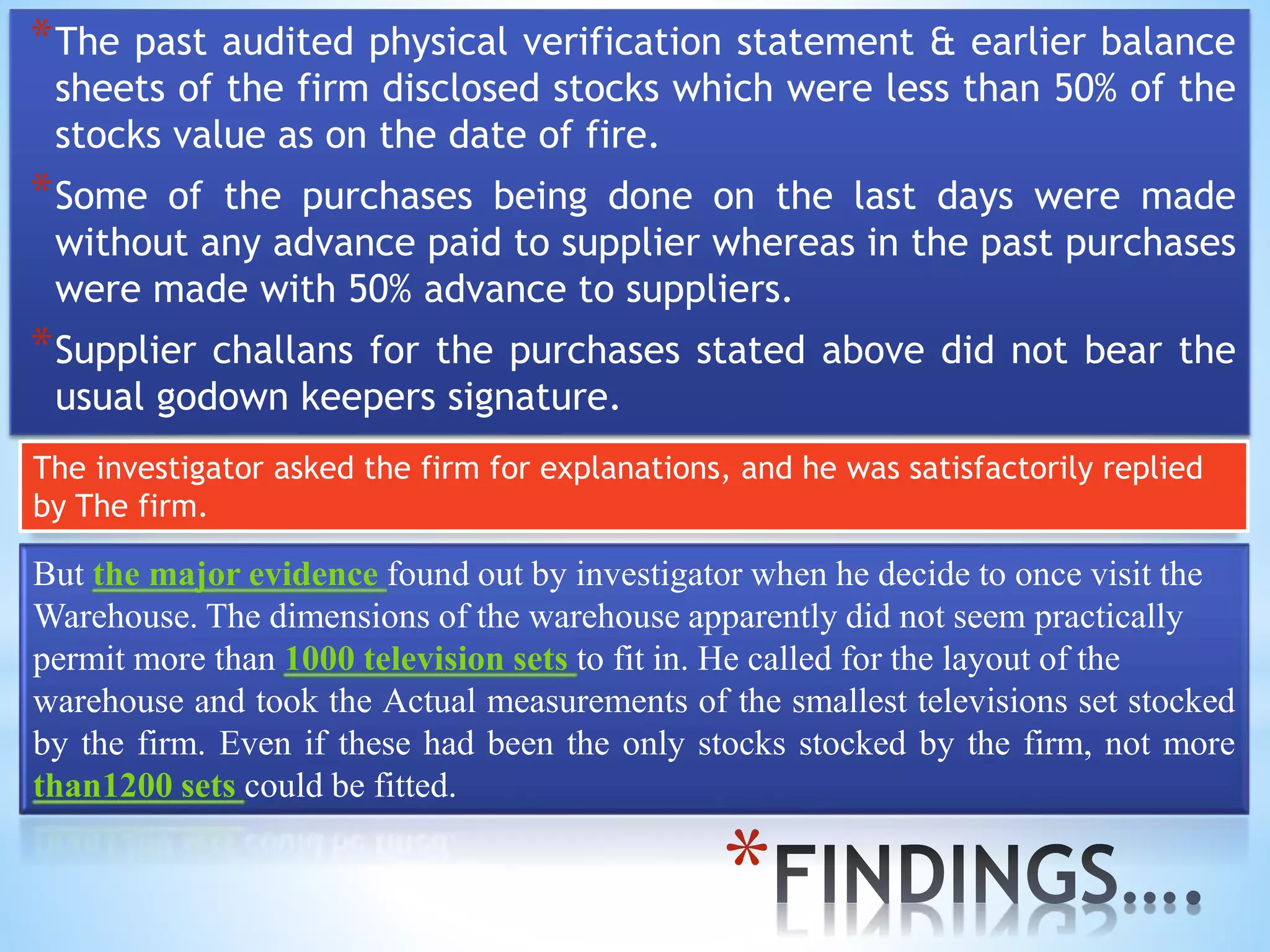 *
*The past audited physical verification statement & earlier balance
sheets of the firm disclosed stocks which were less than 50% of the
stocks value as on the date of fire.
*Some of the purchases being done on the last days were made
without any advance paid to supplier whereas in the past purchases
were made with 50% advance to suppliers.
*Supplier challans for the purchases stated above did not bear the
usual godown keepers signature.
The investigator asked the firm for explanations, and he was satisfactorily replied
by The firm.
But the major evidence found out by investigator when he decide to once visit the
Warehouse. The dimensions of the warehouse apparently did not seem practically
permit more than 1000 television sets to fit in. He called for the layout of the
warehouse and took the Actual measurements of the smallest televisions set stocked
by the firm. Even if these had been the only stocks stocked by the firm, not more
than1200 sets could be fitted.
 