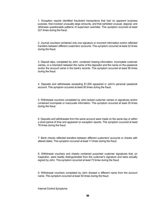 1. Exception reports identified fraudulent transactions that had no apparent business
purpose, that involved unusually large amounts, and that exhibited unusual, atypical, and
otherwise questionable patterns of supervisor overrides. This symptom occurred at least
221 times during the fraud.



2. Journal vouchers contained only one signature or incorrect information and/or reflected
transfers between different customers' accounts. This symptom occurred at least 22 times
during the fraud.



3. Deposit slips, completed by John, contained missing information, incomplete customer
names, or a mismatch between the name of the depositor and the name on the passbook
and/or the account name in the bank's records. This symptom occurred at least 56 times
during the fraud.



4. Deposits and withdrawals exceeding $1,000 appeared in John's personal passbook
account. This symptom occurred at least 90 times during the fraud.



5. Withdrawal vouchers completed by John lacked customer names or signatures and/or
contained incomplete or inaccurate information. This symptom occurred at least 35 times
during the fraud.



6. Deposits and withdrawals from the same account were made on the same day or within
a short period of time and appeared on exception reports. This symptom occurred at least
76 times during the fraud.



7. Bank checks reflected transfers between different customers' accounts or checks with
altered dates. This symptom occurred at least 11 times during the fraud.



8. Withdrawal vouchers and cheeks contained purported customer signatures that, on
inspection, were readily distinguishable from the customer's signature and were actually
signed by John. This symptom occurred at least 73 times during the fraud.



9. Withdrawal vouchers completed by John showed a different name from the account
name. This symptom occurred at least 54 times during the fraud.



Internal Control Symptoms

                                           36
 