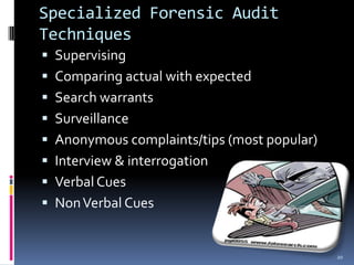 Specialized Forensic Audit TechniquesSupervisingComparing actual with expectedSearch warrantsSurveillanceAnonymous complaints/tips (most popular)Interview & interrogationVerbal CuesNon Verbal Cues20