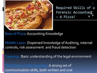 Required Skills of a Forensic Accountant – A Pizza!Base of Pizza: Accounting KnowledgeMiddle Layer: Dispersed knowledge of Auditing, internal    controls, risk assessment  and fraud detectionToppings: Basic understanding of the legal environmentThe Cherry on the toppings: A strong set of    communication skills, both written and oral5