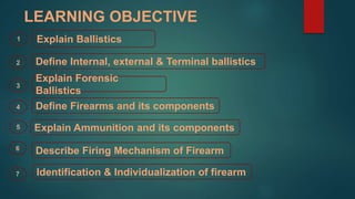 LEARNING OBJECTIVE
Explain Ballistics
Define Internal, external & Terminal ballistics
Explain Forensic
Ballistics
Define Firearms and its components
Explain Ammunition and its components
Describe Firing Mechanism of Firearm
Identification & Individualization of firearm
1
2
3
5
4
7
6
 