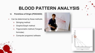 VI. Point/Area of Origin (POO/AOO)
 Can be determined by these methods;
 Stringing method
 Graphic/Graph method
 Trigonometric method (Tangent
formulae)
 Computer programs/ software
BLOOD PATTERN ANALYSIS
 