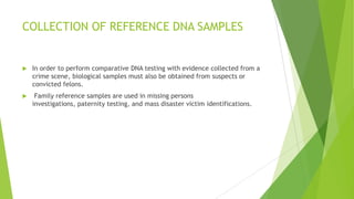 Suggestions for Sample Collection
 Avoid contaminating the area where DNA might be present by not touching it with
your bare hands, or sneezing and coughing over the evidence.
 Use clean latex gloves for collecting each item of evidence. Gloves should be changed
between handling of different items of evidence.
 Each item of evidence must be packaged separately.
 Bloodstains, semen stains, and other types of stains must be thoroughly air-dried prior
to sealing the package.
 Samples should be packaged in paper envelopes or paper bags after drying. Plastic
bags should be avoided because water condenses in them,
 Stains on unmovable surfaces (such as a table or floor) may be transferred with sterile
cotton swabs and distilled water.
 