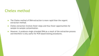 Organic Extraction Procedure
Blood
stain
SDS, DTT, EDTA
and
proteinase K
Phenol,
chloroform,
isoamyl
alcohol
QUANTITATE
DNA
PERFORM
PCR
INCUBATE (56 oC)
Centrifuge
VORTEX
Centrifuge
CONCENTRATE sample
(Centricon/Microcon-100 or ethanol precipitation)
Centrifuge
TRANSFER aqueous
(upper) phase to new tube
TE
buffer
 