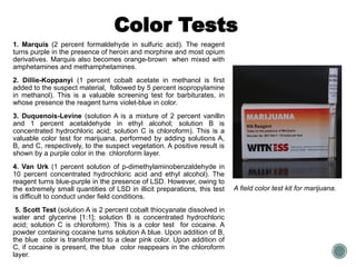 Color Tests
1. Marquis (2 percent formaldehyde in sulfuric acid). The reagent
turns purple in the presence of heroin and morphine and most opium
derivatives. Marquis also becomes orange-brown when mixed with
amphetamines and methamphetamines.
2. Dillie-Koppanyi (1 percent cobalt acetate in methanol is first
added to the suspect material, followed by 5 percent isopropylamine
in methanol). This is a valuable screening test for barbiturates, in
whose presence the reagent turns violet-blue in color.
3. Duquenois-Levine (solution A is a mixture of 2 percent vanillin
and 1 percent acetaldehyde in ethyl alcohol; solution B is
concentrated hydrochloric acid; solution C is chloroform). This is a
valuable color test for marijuana, performed by adding solutions A,
B, and C, respectively, to the suspect vegetation. A positive result is
shown by a purple color in the chloroform layer.
4. Van Urk (1 percent solution of p-dimethylaminobenzaldehyde in
10 percent concentrated hydrochloric acid and ethyl alcohol). The
reagent turns blue-purple in the presence of LSD. However, owing to
the extremely small quantities of LSD in illicit preparations, this test
is difficult to conduct under field conditions.
5. Scott Test (solution A is 2 percent cobalt thiocyanate dissolved in
water and glycerine [1:1]; solution B is concentrated hydrochloric
acid; solution C is chloroform). This is a color test for cocaine. A
powder containing cocaine turns solution A blue. Upon addition of B,
the blue color is transformed to a clear pink color. Upon addition of
C, if cocaine is present, the blue color reappears in the chloroform
layer.
A field color test kit for marijuana.
 