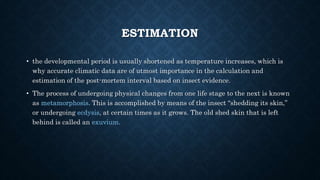 ESTIMATION
• the developmental period is usually shortened as temperature increases, which is
why accurate climatic data are of utmost importance in the calculation and
estimation of the post-mortem interval based on insect evidence.
• The process of undergoing physical changes from one life stage to the next is known
as metamorphosis. This is accomplished by means of the insect “shedding its skin,”
or undergoing ecdysis, at certain times as it grows. The old shed skin that is left
behind is called an exuvium.
 