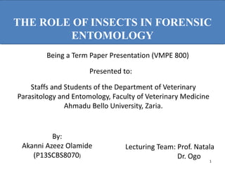 THE ROLE OF INSECTS IN FORENSIC
ENTOMOLOGY
Being a Term Paper Presentation (VMPE 800)
Presented to:
Staffs and Students of the Department of Veterinary
Parasitology and Entomology, Faculty of Veterinary Medicine
Ahmadu Bello University, Zaria.
By:
Akanni Azeez Olamide
(P13SCBS8070)
Lecturing Team: Prof. Natala
Dr. Ogo 1
 