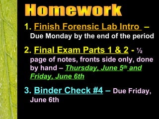 1. Finish Forensic Lab Intro –
Due Monday by the end of the period
2. Final Exam Parts 1 & 2 - ½
page of notes, fronts side only, done
by hand – Thursday, June 5th
and
Friday, June 6th
3. Binder Check #4 – Due Friday,
June 6th
 