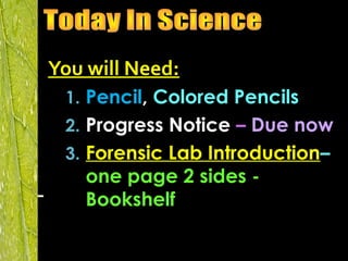 You will Need:
1. Pencil, Colored Pencils
2. Progress Notice – Due now
3. Forensic Lab Introduction–
one page 2 sides -
Bookshelf
 