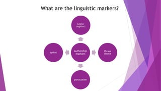Authorship
markers
Lexis (
register)
Phrase
choice
punctuation
syntax
What are the linguistic markers?
 