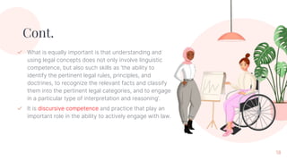 Cont.
✓ What is equally important is that understanding and
using legal concepts does not only involve linguistic
competence, but also such skills as ‘the ability to
identify the pertinent legal rules, principles, and
doctrines, to recognize the relevant facts and classify
them into the pertinent legal categories, and to engage
in a particular type of interpretation and reasoning’.
✓ It is discursive competence and practice that play an
important role in the ability to actively engage with law.
18
 