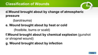 Classification of Wounds
d.Wound brought about by change of atmospheric
pressure
(barotrauma)
e. Wound brought about by heat or cold
(frostbite, burns or scald)
f.Wound brought about by chemical explosion (gunshot
or shrapnel wound)
g. Wound brought about by infection
knip
 