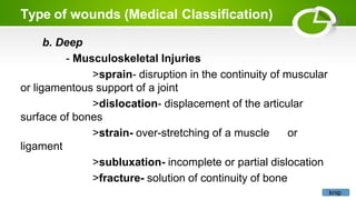 Type of wounds (Medical Classification)
b. Deep
- Musculoskeletal Injuries
>sprain- disruption in the continuity of muscular
or ligamentous support of a joint
>dislocation- displacement of the articular
surface of bones
>strain- over-stretching of a muscle or
ligament
>subluxation- incomplete or partial dislocation
>fracture- solution of continuity of bone
knip
 