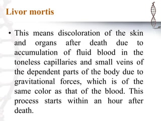 Livor mortis
• This means discoloration of the skin
and organs after death due to
accumulation of fluid blood in the
toneless capillaries and small veins of
the dependent parts of the body due to
gravitational forces, which is of the
same color as that of the blood. This
process starts within an hour after
death.
 