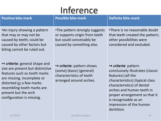 10/6/2016 saurabh bhargava 55
Sex determination
• Mandibular cuspid shows the maximum sexual
dimorphism-
– Mesio-distal diameter < 6.7 mm (in females)
– Mesio-distal diameter > 7 mm (in male)
– Root length of maxillary cuspid is >3 mm more in males than
females.
– Distance b/w tips of coronoid processes(cm) x distance b/w
angles of jaw…
 if > 90 ; then male
 if < 78 ; then female
 