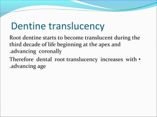 Dentine translucency
Root dentine starts to become translucent during the
third decade of life beginning at the apex and
advancing coronally.
•Therefore dental root translucency increases with
advancing age.
 