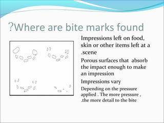 Where are bite marks found?
Impressions left on food,
skin or other items left at a
scene.
Porous surfaces that absorb
the impact enough to make
an impression
Impressions vary
Depending on the pressure
applied . The more pressure ,
the more detail to the bite.
 