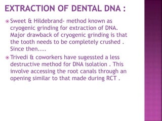 Sweet & Hildebrand- method known as
cryogenic grinding for extraction of DNA.
Major drawback of cryogenic grinding is that
the tooth needs to be completely crushed .
Since then....
 Trivedi & coworkers have sugessted a less
destructive method for DNA isolation . This
involve accessing the root canals through an
opening similar to that made during RCT .
 
