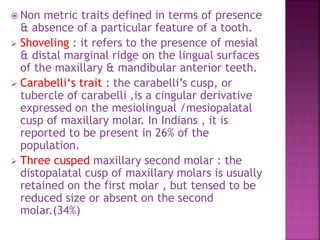  Non metric traits defined in terms of presence
& absence of a particular feature of a tooth.
 Shoveling : it refers to the presence of mesial
& distal marginal ridge on the lingual surfaces
of the maxillary & mandibular anterior teeth.
 Carabelli‘s trait : the carabelli’s cusp, or
tubercle of carabelli ,is a cingular derivative
expressed on the mesiolingual /mesiopalatal
cusp of maxillary molar. In Indians , it is
reported to be present in 26% of the
population.
 Three cusped maxillary second molar : the
distopalatal cusp of maxillary molars is usually
retained on the first molar , but tensed to be
reduced size or absent on the second
molar.(34%)
 