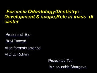 Forensic Odontology/Dentistry:-
Development & scope,Role in mass di
saster
Presented By:-
Ravi Tanwar
M.sc forensic science
M.D.U. Rohtak
Presented To:-
Mr. sourabh Bhargava
 