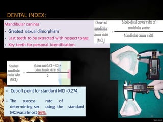 DENTAL INDEX:
Mandibular canines
• Greatest sexual dimorphism
• Last teeth to be extracted with respect toage.
• Key teeth for personal identification.
• Cut-off point for standard MCI -0.274.
• The success rate of
determining sex using the standard
MCIwas almost 86%.
36
 