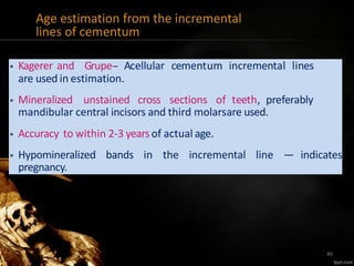 Age estimation from the incremental
lines of cementum
• Kagerer and Grupe-- Acellular cementum incremental lines
are used in estimation.
• Mineralized unstained cross sections of teeth, preferably
mandibular central incisors and third molarsare used.
• Accuracy to within 2-3 yearsof actual age.
• Hypomineralized bands in the incremental line — indicates
pregnancy.
46
 