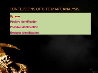 CONCLUSIONS OF BITE MARK ANALYSIS
ByLevie
Positive identification
Possible identification
Excludes identification:
63
 