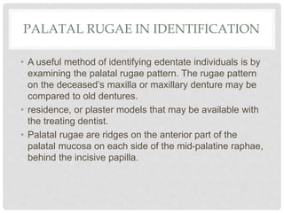 PALATAL RUGAE IN IDENTIFICATION
• A useful method of identifying edentate individuals is by
examining the palatal rugae pattern. The rugae pattern
on the deceased’s maxilla or maxillary denture may be
compared to old dentures.
• residence, or plaster models that may be available with
the treating dentist.
• Palatal rugae are ridges on the anterior part of the
palatal mucosa on each side of the mid-palatine raphae,
behind the incisive papilla.
 