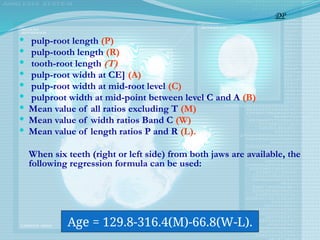  pulp-root length (P)
 pulp-tooth length (R)
 tooth-root length (T)
 pulp-root width at CE] (A)
 pulp-root width at mid-root level (C)
 pulp­
root width at mid-point between level C and A (B)
 Mean value of all ratios excluding T (M)
 Mean value of width ratios Band C (W)
 Mean value of length ratios P and R (L).
When six teeth (right or left side) from both jaws are available, the
following regression formula can be used:
Age = 129.8-316.4(M)-66.8(W-L).
DP
 