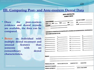 III. Comparing Post- and Ante-mortem Dental Data
 Once the post-mortem
evidence and dental records
are available, the data can be
compared.
 Better- an individual with
multiple dental treatment and
unusual features than
someone with no
extraordinary dental
characteristics.
CDI
 