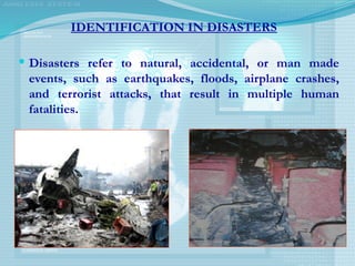 IDENTIFICATION IN DISASTERS
 Disasters refer to natural, accidental, or man made
events, such as earthquakes, floods, airplane crashes,
and terrorist attacks, that result in multiple human
fatalities.
 