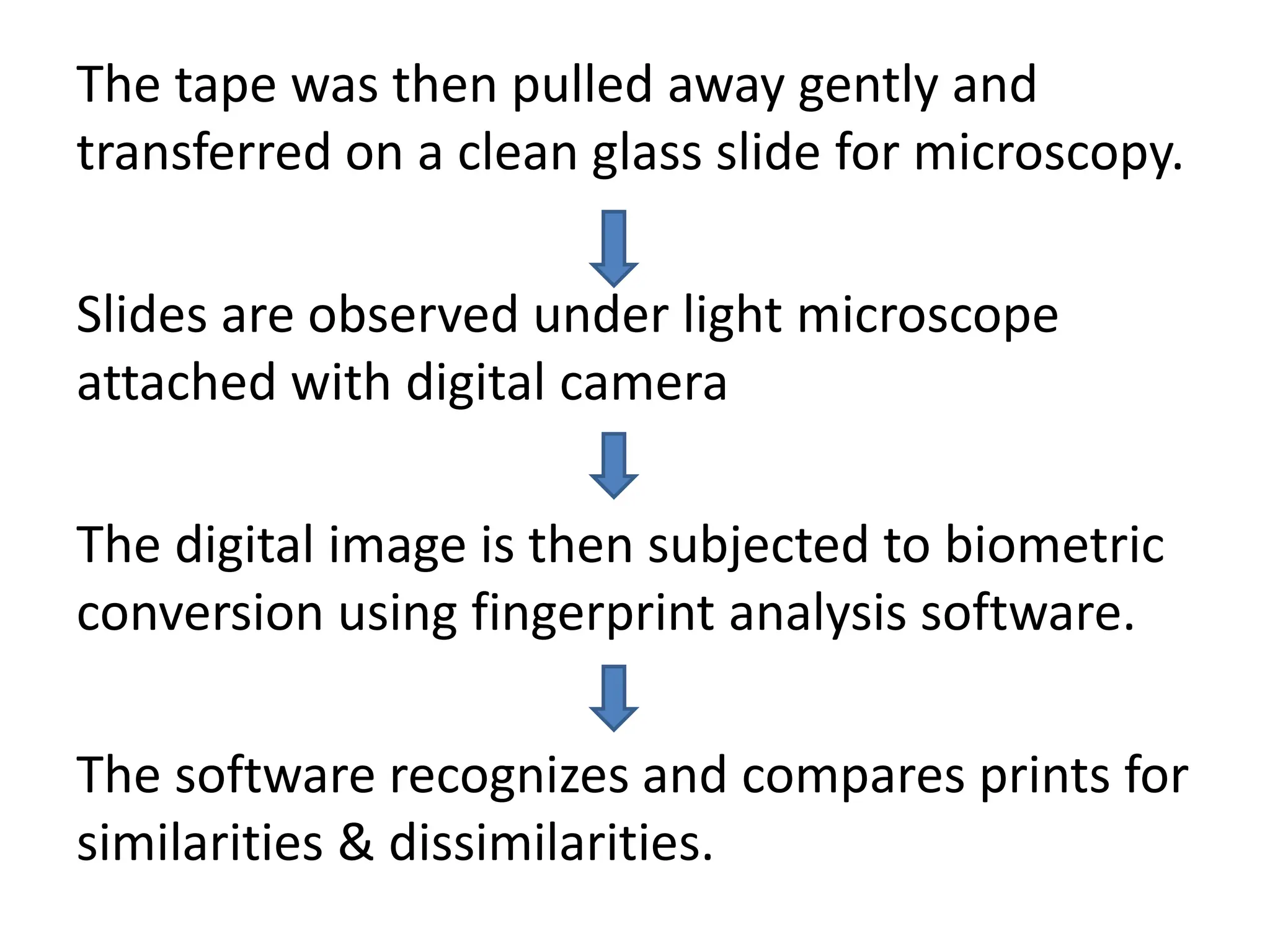 The tape was then pulled away gently and
transferred on a clean glass slide for microscopy.
Slides are observed under light microscope
attached with digital camera
The digital image is then subjected to biometric
conversion using fingerprint analysis software.
The software recognizes and compares prints for
similarities & dissimilarities.
 