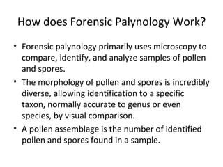 How does Forensic Palynology Work?
• Forensic palynology primarily uses microscopy to
  compare, identify, and analyze samples of pollen
  and spores.
• The morphology of pollen and spores is incredibly
  diverse, allowing identification to a specific
  taxon, normally accurate to genus or even
  species, by visual comparison.
• A pollen assemblage is the number of identified
  pollen and spores found in a sample.
 