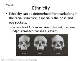 Ethnicity
• Ethnicity can be determined from variations in
the facial structure, especially the nose and
eye sockets.
– In people of African and Asian descent, the nose
ridge is broader than in Caucasians.
http://www.internetlooks.com/nasalbonecharacteristicstypical.jpg
Write all !
 